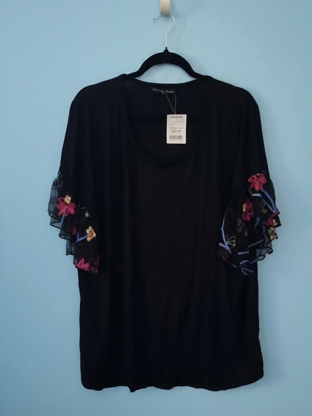 Kim & Cami Black Short Sleeve Top with Floral Embroidered Ruffle Sleeves